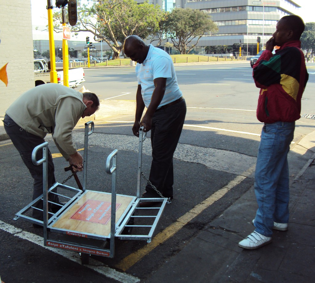 Richard repairing a pilot trolley designed specially for informal cardboard recyclers for AeT's award winning Imagine Durban Cardboard Recycling Project. Photo: Tasmi Quazi.