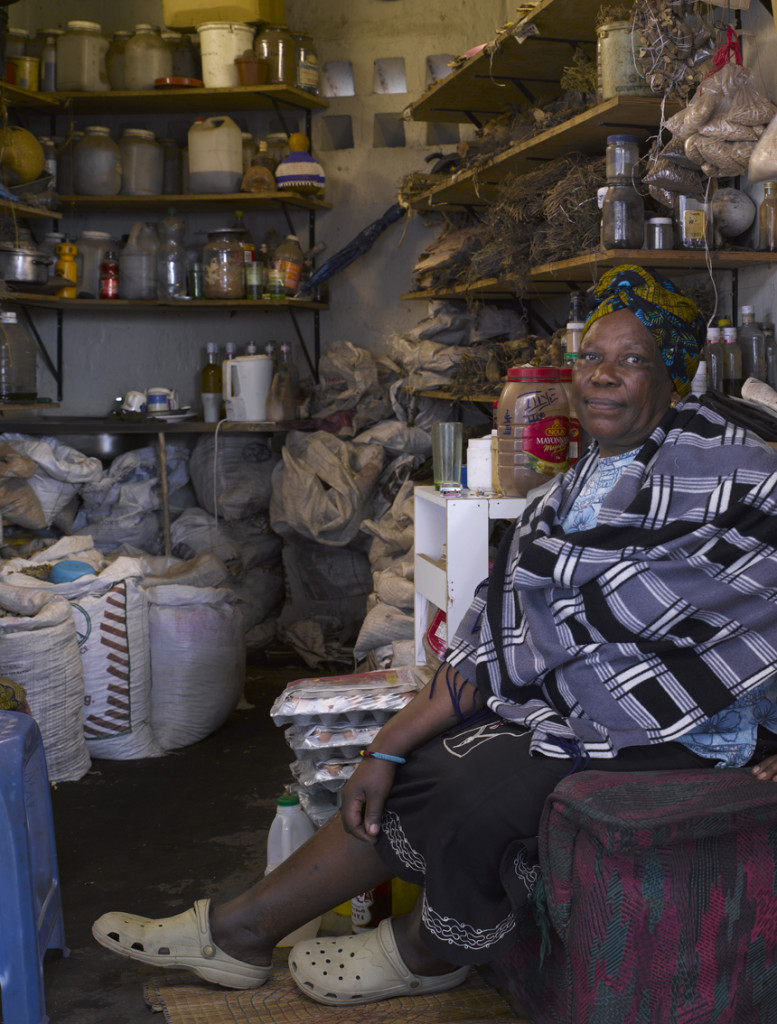 MaDlamini at her workplace stall based at the Muthi Market in Warwick Junction. Photo: Dennis Gilbert. 